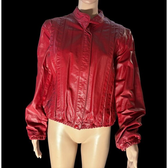 Vintage 80s red leather pleat assymetrical jacket Size  15/16 - Picture 2 of 14
